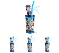 p:os Taza con tapa y pajita para niños de la Patrulla Canina, 360 ml, con figura 3D de Chase - Sin BPA y carbonatado - Idea de regalo para niño (Paquete de 4)