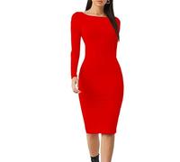 P&R DANCEWEAR LTD Vestido ajustado de manga larga para mujer, elegante vestido de cuello redondo para verano, casual, noche, fiesta y uso diario, rosso, S-M