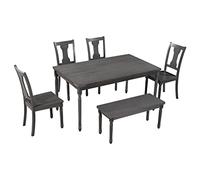 P9IDEDFH Mesa de comedor clásica de 6 piezas, 1 mesa de madera + 4 sillas + 1 banco de comedor de cocina, color gris (D como se muestra)