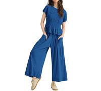 Paaruter Conjunto de Dos Piezas para Mujer: Top Fruncido y Pantalón Conjunto Informal Bohemio de Cintura Alta con Bolsillos Azul L