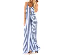 Paaruter Vestido Bohmio de Raya de Correa de V Cuello de Mujer de Verano Vestido Maxi de Playa Suelto de Vacacion de Senora Azul M