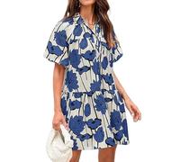Paaruter Vestido Camisero de Verano para Mujer, con Botones, Estampado Floral, Corta Abullonada, Informal, Holgado, para Playa, Minivestido Azul XL