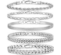 PABBEU 5 unidades de pulsera para hombre de plata, clásica, acero inoxidable, pulsera de plata para hombre, para Navidad, San Valentín, cumpleaños, día del padre, 16.51 cm, 19.05 cm, 21.08 cm, 22.86