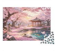 Pabellón bajo Cerezos Puzzle de 1000 Piezas Papel para Adultos Paisaje de Primavera Relajante Juego para Familia Decoración Regalo 52x38cm/1000pcs