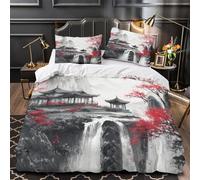 pabellón tradicional Impresión 3D 3 piezas cubrecama Estilo de pintura con tinta china funda de edredón microfibra cierre cremallera antiácaros para adolescentes chicos mujeres Single (135x200cm)