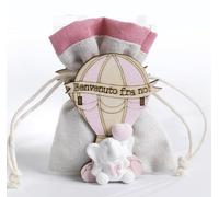 PABEN 48 bolsas para peladillas, bombonera para nacimiento y bautizo de niña con globo aerostático y elefante rosa, 10 cm, de madera, porcelana y tela de almendras