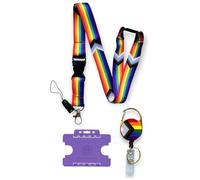 PAC Supplies Global Rainbow LGBTQ - Cordón de bandera del orgullo del progreso con clip de hebilla desmontable, soporte horizontal morado para tarjetas de identificación, carrete retráctil con clip
