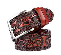 PACDE Cinturón de cuero con estampado de flores de vaquero para hombre, cinturón de cuero tallado con flores, con pantalones vaqueros casuales, Rojo Marrón, for42"-43"waist size