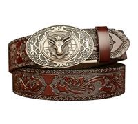 PACDE Western Cowboy - Cinturón de piel con diseño de flor de vaquero para hombre, cinturón de moda con hebilla automática, pantalones vaqueros, cinturón casual para hombre, Café plateado,