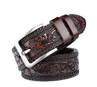 PACDE Western Dragons - Cinturón de piel auténtica tallada para hombre, de piel de vaca, para hombre, café, for42"-43"waist size