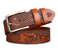 PACDE Western Dragons - Cinturón de piel auténtica tallada para hombre, de piel de vaca, para hombre, marrón claro, for34"-35"waist size