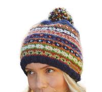 Pachamama Gorro de lana para mujer, con forro polar, tejido a mano, rayas azules, multicolor, talla única, hecho a mano, extra cálido, comercio justo, azul, Talla única