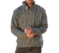 Pachamama Jersey de lana para hombre, con forro polar, tejido a mano, color liso, hecho a mano, grueso, térmico, extra cálido, manga larga, medio botón, suéter de comercio justo, gris, XXL