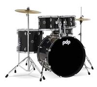 Pacific Drums Kit de batería de 5 piezas Center Stage, bombo de 56 cm, brillo negro iridiscente, inc. Herrajes, platillos y trono, capa de acabado | 100% casco de álamo