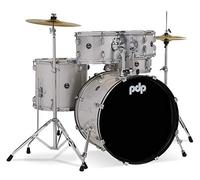 Pacific Drums Kit de batería de 5 piezas Center Stage, bombo de 56 cm, Diamond White Sparkle, inc. Herrajes, platillos y trono, capa de acabado | 100% casco de álamo