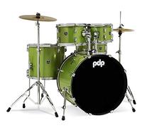 Pacific Drums Kit de batería de 5 piezas Center Stage, bombo de 56 cm, Electric Green Sparkle, inc. Herrajes, platillos y trono, capa de acabado | 100% casco de álamo