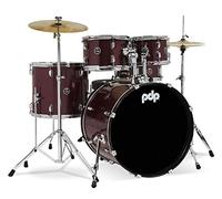Pacific Drums Kit de batería de 5 piezas Center Stage, bombo de 56 cm, Ruby Red Sparkle, inc. Hardware, Platillos y Trono, Capa de acabado | 100% casco de álamo