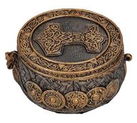 Pacific Giftware Drakkar - Caja redonda de 12 cm con diseño de barco vikingo, color bronce, relieve del martillo de Thor, pintado a mano, piedra artificial, diseño histórico