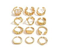PACIOCEAN Juego de 12 anillos gruesos retro divididos para mujer, exquisito tallado hueco, anillo de dedo medio, accesorio elegante, color dorado