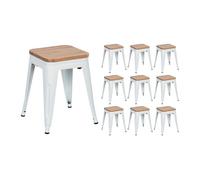 THINIA HOME Pack 10 Taburetes Bajos Industriales Apilables de Acero y Madera 38x38x46cm