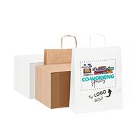 Pack 100 Bolsas de Papel Kraft con Logo a Color | Tu Imagen en una Bolsa | Diferentes Tamaños Para Ajustarse a tus Regalos | Bolsas Para Regalo o Tiendas | Bolsa Pequeña (21x22,5x9 cm), Kraft