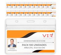 Pack 100 Fundas Porta Tarjetas Identificativas Transparentes - Plástico PVC Impermeable con Sellado Térmico - Porta Acreditaciones y Credenciales Colgante - Formato Grande (Horizontal)