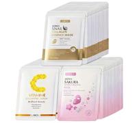 Pack 15 (5 de cada) Mascarillas Faciales con Ácido Hialurónico Antiarrugas, Vitamina C y Colágeno - Cuidado De La Piel & Hidratante Vegana Skincare - Fórmulas Coreanas con ingredientes activos