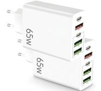 Pack 2 Cargador USB C Carga Rápida - Múltiple 5 Puertos - Enchufe Multiple 65 W - Adaptador Compatible Con Samsung, iPad, iPhone, Google