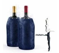 Pack 2 Enfriadores de Botellas de Vino + Sacacorchos Camarero | Funda Enfriadora con Gel Refrigerante Interior | Manga Enfriadora para Vino, Cava y Champagne | 15,5x22,5 cm (azul)
