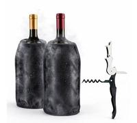 Pack 2 Enfriadores de Botellas de Vino + Sacacorchos Camarero | Funda Enfriadora con Gel Refrigerante Interior | Manga Enfriadora para Vino, Cava y Champagne | 15,5x22,5 cm (negro)