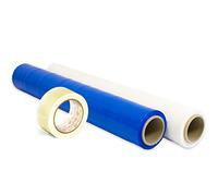 Pack 2 Film Embalaje de Colores + Cinta Adhesiva Transparente, Rollo Elástico 50cm Extensible hasta 300m, Protector para Mudanzas y Embalajes - Ofituria (Azul, Blanco + Cinta Transparente)