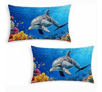 Pack 2 Funda de Almohada 50x70 cmde Lino - Fundas de Cojín Rectangulares con Impresión Doble Cara - Azul - Cojines Decorativos para Sofá, Dormitorio, Terraza con Cremallera Invisible - DelfíN j0-466