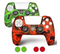 Pack 2 Fundas Mando PS5 - Verde Camuflaje y Rojo con Grips de Precisión - Carcasa Protectora Antideslizante de Silicona para mandos PS5