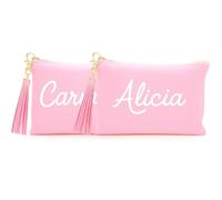 Pack 2 Neceser Personalizado para Mujer con Borla Rosa y Nombre en Blanco Maquillaje y Aseo. Viajes, Gimnasio y Oficina. Organizador de Productos de Belleza y Cuidado Personal.