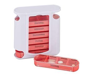 Pack 2 Pastilleros Semanales 4 Tomas, Rótulos en Alemán, PP-ABS, Rojo, 13 x 11,5 x 4,5 cm
