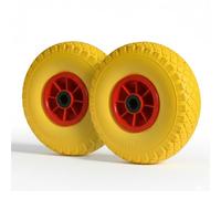 Pack 2 Ruedas Macizas para Carretilla Ø25 cm x 7 cm - Llanta Plástico Rojo y Amarillo, Eje Central Resistente, Repuesto Universal para Obras, Jardín y Almacén (4 Ruedas)