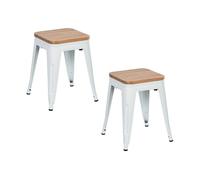 THINIA HOME Pack 2 Taburetes Bajos Industriales Apilables de Acero y Madera 38x38x46cm