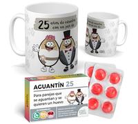 Pack 25 Aniversario | Taza “25 Años de Casados con un Par de Huevos” + Caramelos Aguantín 25 | Regalo Original para Bodas de Plata y Parejas con Humor | Regalo Original para Bodas de Plata