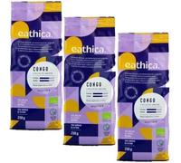 Pack 3 Café Congo Molido Eathica Bio 250 g, 100% arábica ecológico y de comercio justo, cuerpo medio-alto, acidez equilibrada y notas a nuez y frutos amarillos, 750 g totales.