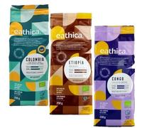 Pack 3 Cafés Molidos Eathica Bio 250 g, Colombia + Congo + Etiopía, 100% arábica ecológico y de comercio justo, surtido de orígenes con perfiles suaves, aromáticos y equilibrados, 750 g totales.