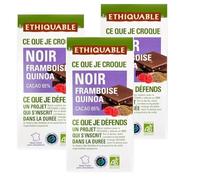 Pack 3 Chocolate Negro con Frambuesa y Quinoa Etiquable Bio 100 g, 300 g total, tableta ecológica con 65% cacao, quinoa inflada y frambuesa liofilizada.