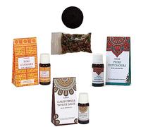 Pack 3 esencias Goloka - White Sage, Nag Champa y Patchouli, 10ml cada bote - 10g incienso en grano Especial DoraZen y pastilla de carbón