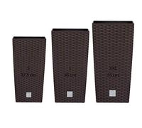Pack 3 macetas altas Prosperplast (11,4/19/35 litros) Rato Square de plastico en color ocre oscuro con deposito.