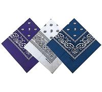 Pack 3 Pañuelos Bandanas de Paisley de Algodón para Cuello Pulsera Cabeza Unisex (morado+blanco+azul, Talla única)