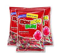 Pack 3 x Chupetines Bon Bon Bum Fresa 10 uds 160 g (30 uds / 480 g total) - Caramelo de palo relleno de chicle, sabor fresa, ideales para fiestas, piñatas y cumpleaños