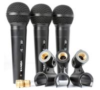 Vonyx VX1800S Pack de 3 micrófono dinámicos cardioide unidireccional con switch on/off, 3 pinzas para soporte de micrófono y roscas de reducción, maleta de transporte rigida en ABS, ideal para voces