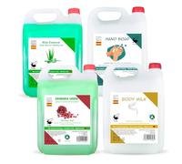 Pack 4 Garrafas 5L - Champú Aloe Vera, Gel de Ducha Granada, Jabón de Manos Sin Perfume y Body Milk Almendras & Aloe Vera • Higiene e Hidratación Completa • Ideal para Recarga Profesional y Uso Diario