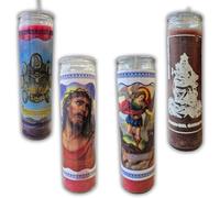 Pack 4 Veladoras Purísima de Vidrio 510 g | Gran Poder de Dios, 7 Potencias Africanas, Virgen del Carmen y San Miguel Arcángel | Velones Espirituales Larga Duración