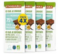 Pack 4x Chocolate Negro 75% Coco y Maracuyá Ethiquablee Bio 100 g | 4 Tabletas de 100 g (Total 400 g) | Chocolate Ecológico con Fruta