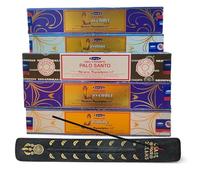 Pack 5 Cajas de Incienso Nag Champa + Porta Incienso de Madera - Aromaterapia Natural - Fragancias Jazmín, Lavanda y Palo Santo - Relajación y Limpieza Energética
